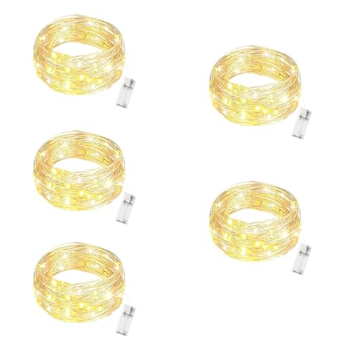 SIGANDG 5 piezas Guirnalda Luces Pilas(Con Temporizador),Luces Plata Alambre Cadenas 3 metros 30 LEDs para Decoración dormitorios, jardines, fiestas, Navidad, Halloween, bodas y más (Blanco Cálido)