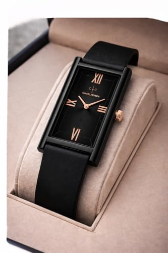 Image of CHARLIEKEEN Rectangular Wristwatch, Black Dial with Rose Gold Roman Numerals, Silicone Strap, Elegant Style