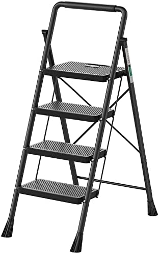 4 Step Ladder, RIKADE Folding Step Stool, Step Stool with Wide Anti-Slip Pedal, Lightweight, Portable Folding Step Ladder with Handgrip, Multi-use Steel Ladder for Household and Office 4 Step Ladder, RIKADE Folding Step Stool, Step Stool with Wide Anti-Slip Pedal, Lightweight, Portable Folding Step Ladder with Handgrip, Multi-use Steel Ladder for Household and Office