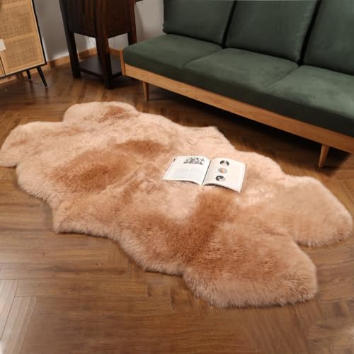 Premium Genuine Fur Sheepskin Rug Real Australia Sheepskin Natural Luxury Fluffy Lambskin Fur Area Rug Seat Covers for Kids Bedroom Sofa Chair Cover (Light Brown, 4ft x 6ft)