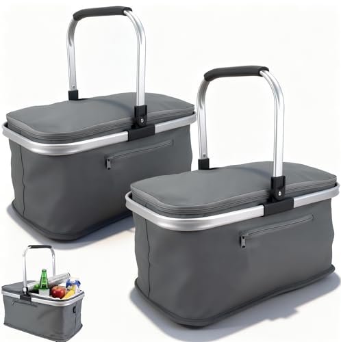 2 Stück KÜHL EINKAUFSKORB Thermo mit Deckel Kühlkorb Faltkorb Kühltasche Korb Thermokorb Kühlbox Isoliertasche GRAU