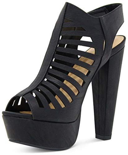 Marcorepublic Milan Peep Toe Slingback Ankle Strap Cut Out Platform Chunky Stacked Heels Sandals Pumps - (Black) - 10 #TOP4