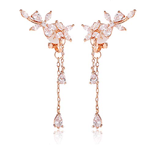 Clip on Earrings non Pierced Fringe Dangle Tassel Drop Cubic Zirconia Flower Women Girls Rose Gold