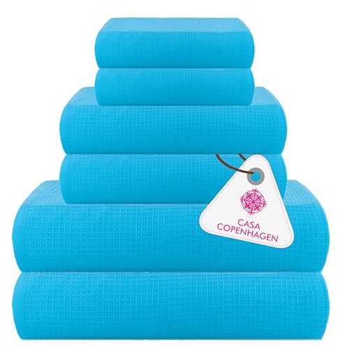 Image of Casa Copenhagen, Egyptian Cotton - Waffle Terry Towel 6 Piece Set, Includes 2 Bath Towels 2 Hand Towels 2 Washcloths - Teal Blue