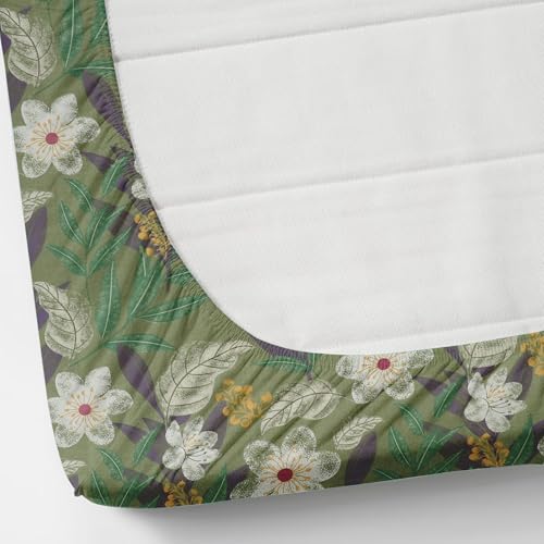 Image of KAWI Single Bedsheet Elastic Fitted (72 inchX 48 inch Size Mattress) Soft Glace Cotton Single Bed Size with 1 Pillow Cover - Green Patta Floral Colour
