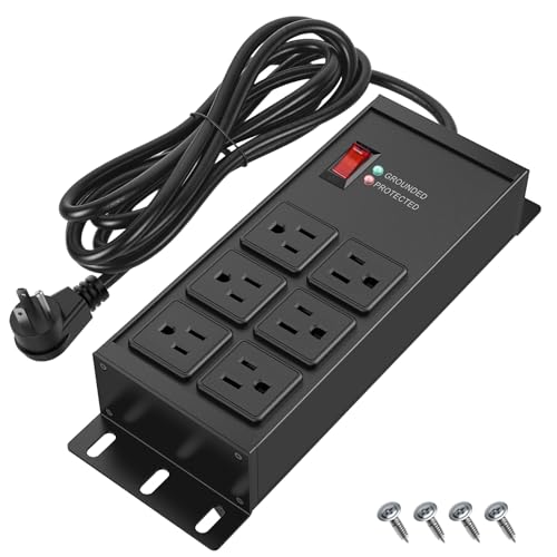 FENJIKRONIX Heavy Duty Surge Protector Power Strip 2500J 15A 1875W 6 Outlets Extension Cord 4FT 14AWG with Flat Plug Metal Power Strip for Kitchen Appliances Workshop Garage & Office (Black 4FT)