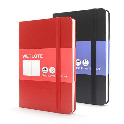 WETLOTE Cuaderno A6 Punteado Set de 2, Libreta con Tapa Dura y Papel 80gsm de 74 Hojas, Ideal para Bullet Journal, Estudio y Trabajo, Material Escolar y Papelería para Mujeres y Hombres (Negro + Rojo)