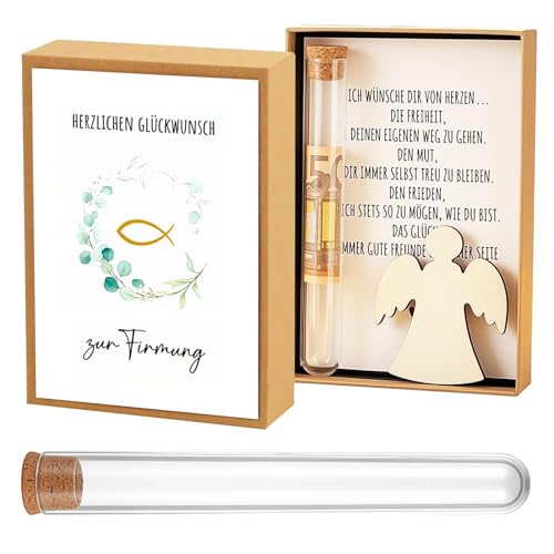 HGRGHH Firmung Geldgeschenke Jungen Mädchen Firmung Geldgeschenk Holzbox mit Reagenzglas Engel-Anhänger Firmung Karte für Party Gäste Firmung Deko
