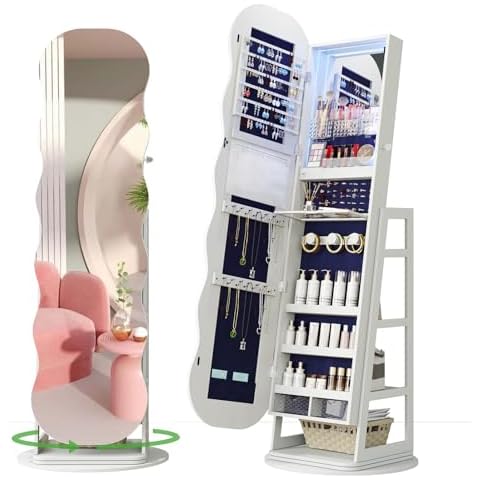 HNEBC 360° Swivel Jewelry Cabinet with Lights, LED Jewelry Armoire with Mirror, Wavy Wide Full-Length Mirror with Storage, Lockable Mirror Jewelry Cabinet Standing (White) Cover