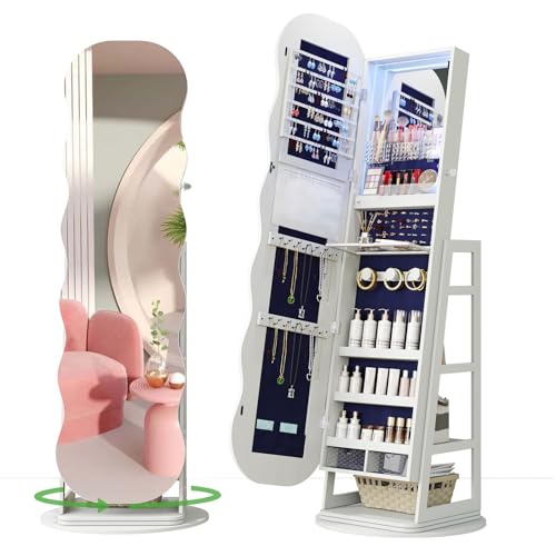HNEBC 360° Swivel Jewelry Cabinet with Lights, LED Jewelry Armoire with Mirror, Wavy Wide Full-Length Mirror with Storage, Lockable Mirror Jewelry Cabinet Standing (White)