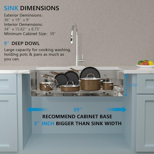 Image of 36 Undermount Kitchen Sink - Fulorni 36 inchx19 inch Kitchen Sink Ledge Workstation Under Counter 16 Gauge T304 Stainless Steel Single Bowl Basin