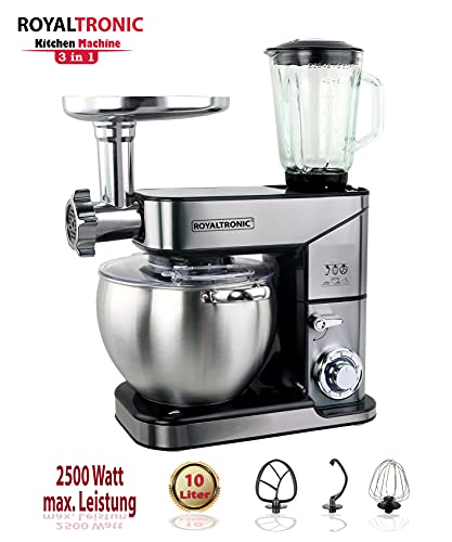Küchenmaschine Knetmaschine Royaltronic 10 Liter 2500 W max. Multifunktional Silber Rührmaschine Teigkneter Fleischwolf… – Bild 3