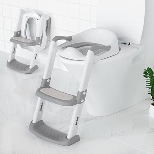 Toilettensitz Kinder Mit Treppe Upgraded WC Aufsatz Für Kinder Für Jungen Und Mädchen Klappbarer PU-Gepolsterter Toilettensitz Höhenverstellbar rutschfeste Fußstütze