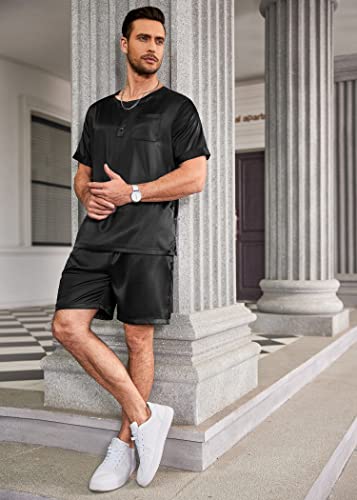 Ekouaer Men Silk Pajamas Set 2 Piece Pjs Soft Satin Sleepwear Shorts Button Down Tops Loungewear with Pockets4