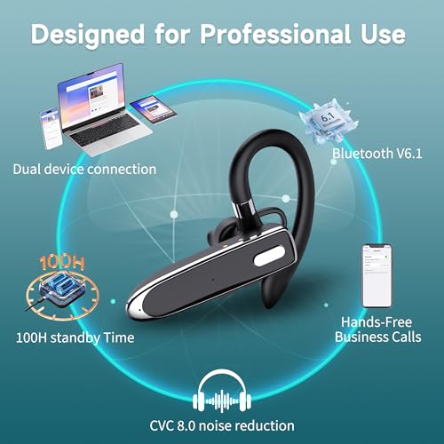 Image of Wireless Single Ear Bluetooth V6.1 Headset, Business Earpiece with Mic | CVC8.0 Noise Cancelling,100H Playtime, LED Display, Dual Device Pairing, Mute Button for Office, Driving, Trucker