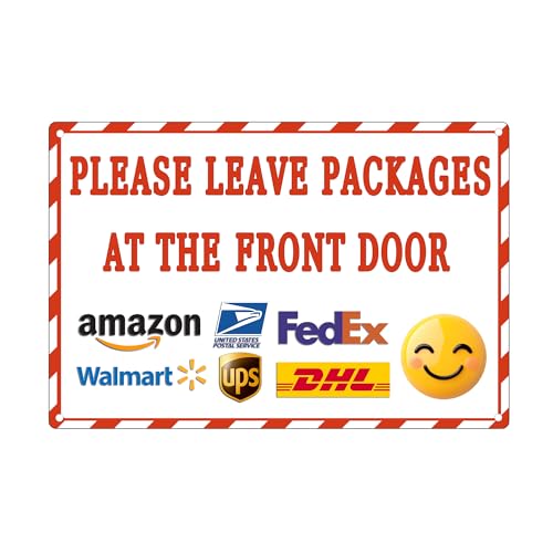 Letrero de metal con texto en inglés "Please leave packages at the front door" para porche al aire libre, oficina de negocios, puerta trasera, patio, eslogan de 12 x 8 pulgadas