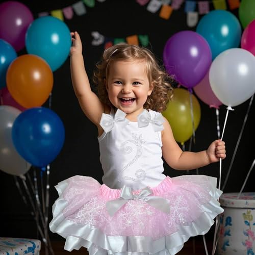 Image of Kirei Sui Girls 2nd Princess Glitter Crystal Number Tank Top Pink Silver Snowflake Tutu Skirt 2-Piece Birthday Outfit Dress Set 1-2Y
