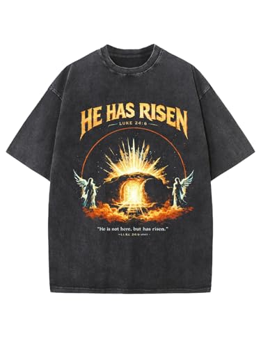 PSPSXT HE HAS Risen - Luke 24:6 Mens Retro Washed Cotton Christian T-Shirt Loose Street Style Printed T-Shirt Jesus is King Bible Text Print(Black13 Large)