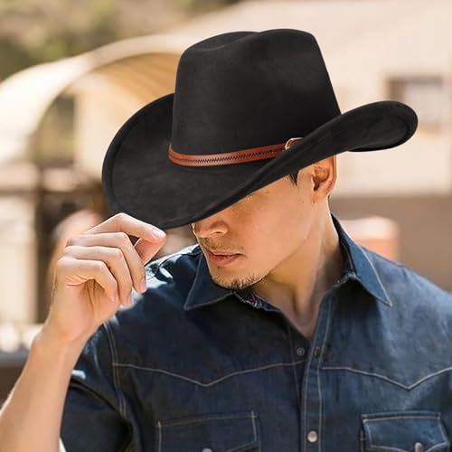Image of DRESHOW Cowboy Hat for Women and Men Wide Brim Western Cowboy Cowgirl Hat with Belt Buckle Unisex Rolled up Caps
