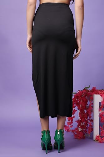 Image of POPWINGS Casual Solid Self Design Rib Long Slit Skirt for Women - Stylish Summer Skirt