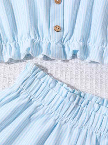 Image of Girl's Summer Clothing Sets Knit Ruffle Striped T-Shirt and Shorts 2 Piece Outfits
