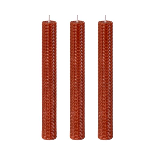 KONNI Brown Beeswax Taper Candles, 0.87 inch x 7.87 inch Hand-Rolled, Unscented, Smokeless Beeswax, Long Burning Time, Flat Top (Pack of 3), for Weddings, Dinner Parties, Spas, and Home Decor