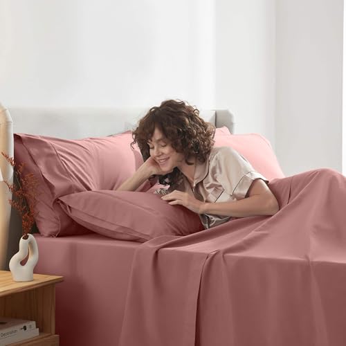 Image of Nestl Extra Deep Cal King Sheet Set - 6 Piece Breathable & Cooling Sheets - Hotel Luxury Bedding Set w /18-24 Inch Deep Pockets - Easy & Secure Fit - Super Soft, Wrinkle Free & Comfy - Pink Clay