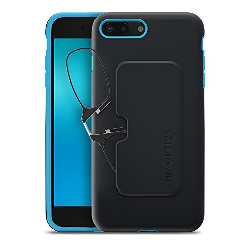 ThinOptics Fortify Rectangular Reading Glasses, iPhone 7 Plus / 8 Plus-Black Frames/Blue Case, 44 mm + 2