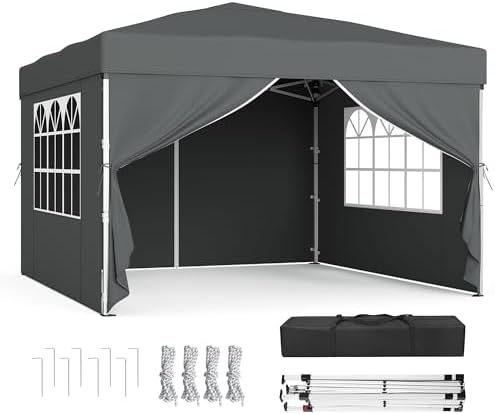 SONGMICS Pavillon, 3 x 3 m mit Seitenwänden, Faltpavillon, Partyzelt | Gartenpavillon, Sonnenschutz, leichter Regenschutz, für Hof, Garten, Markt, Party, dunkelgrau, SHELD Kollekti
