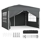 SONGMICS Pavillon, Faltpavillon, Gartenpavillon, Partyzelt, Sonnenschutz, Leichter Regenschutz, tragbar, mit Seitenwänden, für Hof, Garten, Markt, 3 x 3 m, dunkelgrau GCT104GZ01