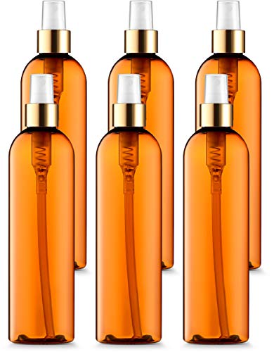 Empty 8oz Fine Mist Plastic Spray Bottles, Refillable - Reusable Light Amber with Gold & White Trim Atomizers and Dust Caps (Pack of 6)