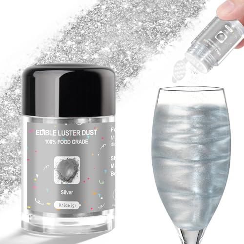 CRPTHE Silver Luster Dust Edible 5g, Edible Glitter for Drinks, Food Grade Glitter Shimmer Sprinkle Powder for Cocktails, Baking, Beverages, Cakes, Strawberries, Cookies, Fondant, Vegan