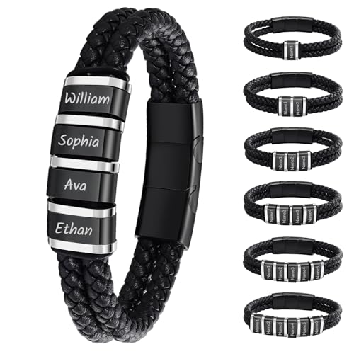 Pulseras de Cuero Trenzadas Personalizadas Pulsera de Cuero a Medida con 1-6 Nombres Grabados para Hombres para Navidad Día de San Valentín Día del Padre Cumpleaños Aniversario de Boda (Plata y negro)