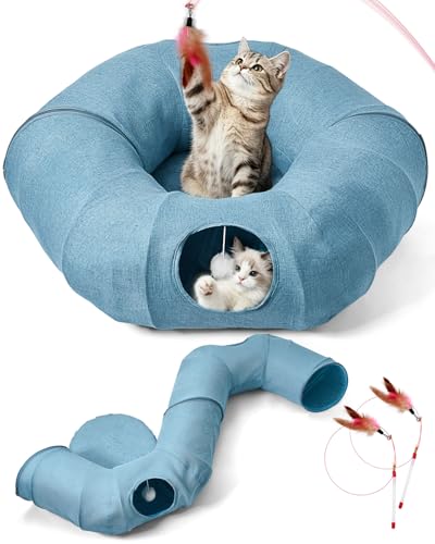 Odoland 85cm 猫トンネルベッド ドーナツ型 160cm長いS型 キャットトンネル クッション付き ふわふわ 猫遊び 運動不足対策 折りたたみ可能 水洗い可能 小型犬 うさぎ 大型猫用おもちゃ ブルー（Amazon）