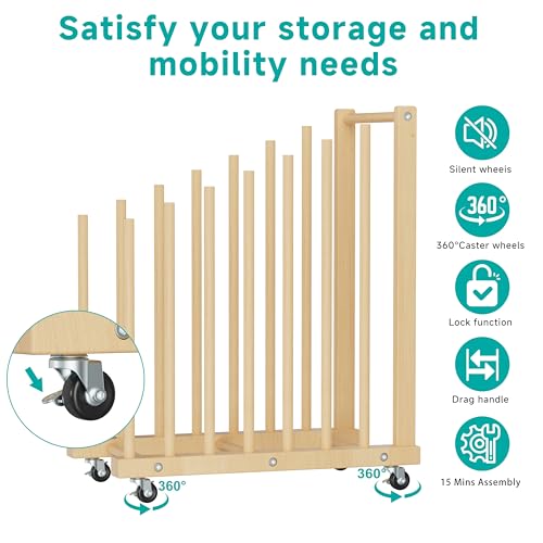 Image of Art Storage Rack with Handle, Art Drying Painting Rack with Caster Wheels, Beech Wooden Art Canvas Storage for Canvas Boards, Panel, Frame for Art Studios, Artworks, Gallery