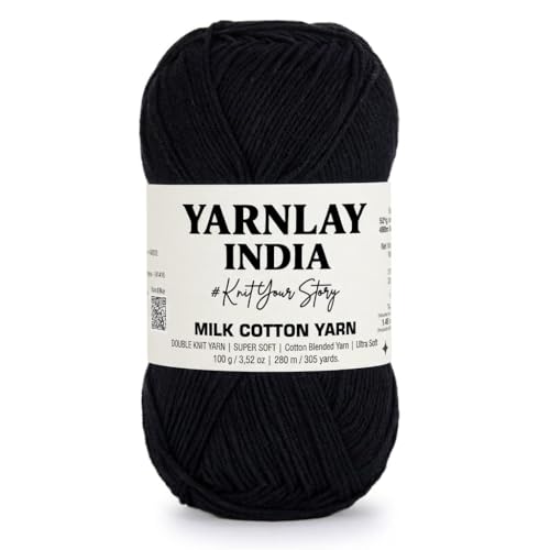 Image of Yarnlay 3 Ply Soft Milk Cotton Yarn for Crochet Knitting, Amigurumi, Punch Needle .DIY Crafts, Summer Wear,Flowers Toys & Cushion Covers 100g (250m) (Shade 31: Classic Black)