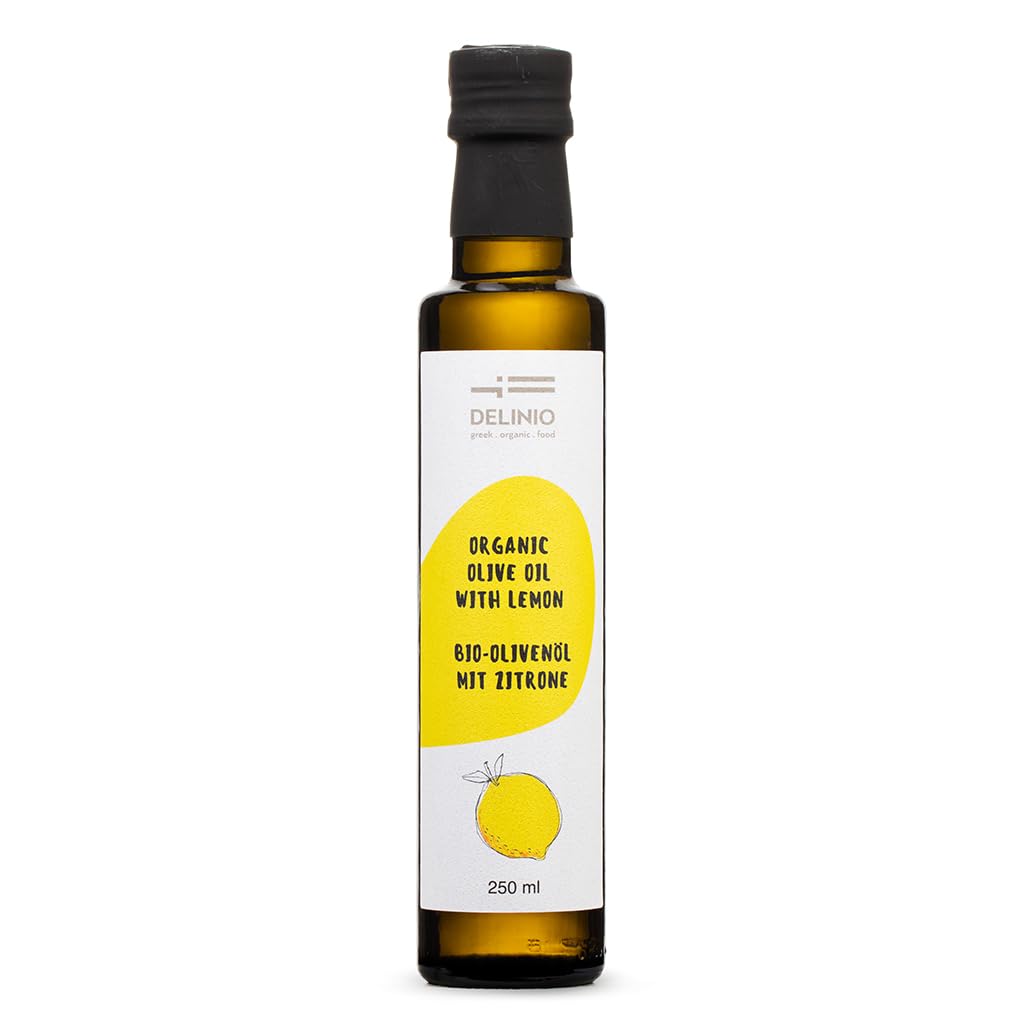 DELINIO Bio-Olivenöl Set 4 Sorten – Aromatisiertes Olivenöl Nativ Extra (Zitrone, Orange, Basilikum, Oregano) – 4x250 ml aus Griechenland, kalt extrahiert – zum Verfeinern & als Geschenk