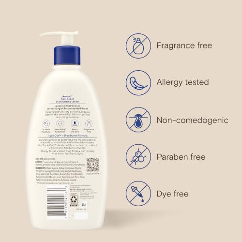 Aveeno Skin Relief Moisturizing Body Lotion Heals Very Dry, Sensitive Skin, Fast Absorbing Lotion with Soothing Triple Oat & Shea Butter Formula, Fragrance Free Lotion, Non-Comedogenic, 18 Fl Oz - image 9