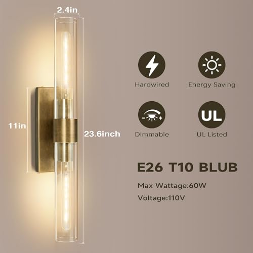 Image of Wall Sconces Set of Two, 22.8 inch Gold Bathroom Sconces Wall Lighting with Clear Glass, Modern Sconces Wall Decor Brass Light Fixtures for Bathroom Mirror Living Room Hallway Bedroom