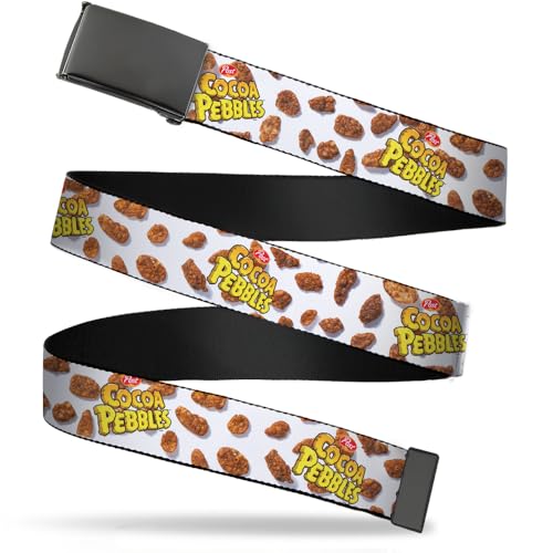 Buckle-Down The Flintstones Belt, Flip Web Belt Post Cocoa Pebbles Logo and Cereal Scattered White Browns, 1.0 Inch Wide, Youth up to Size 20