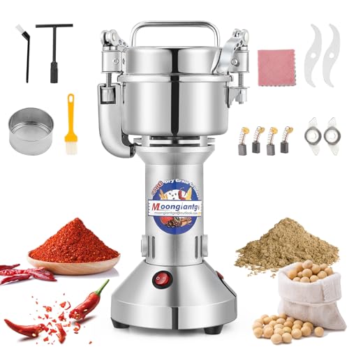 Moongiantgo Molino de Cereales Eléctrico 250g, Molinillo Especias, 30-300Mesh, Molienda Eficiente de 30s con Motor Comercial de 950W&28000RPM, Acero Inoxidable 420 con Función de Parada de Seguridad
