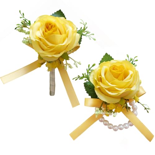 MAFELOE 2 Pieces Homecoming Party Prom Artificial Rose Corsage and Boutonniere Set, Simulation Flowers Accessories for Wedding Celebration Business Event Suit Decor- Yellow (M7-Y2-S-MG)