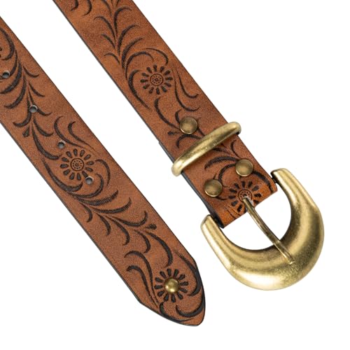 Women Leather Belt for Jeans Pants Western Cowboy Cowgirl Belt Embossed Floral Country Belts with Gold Buckle4