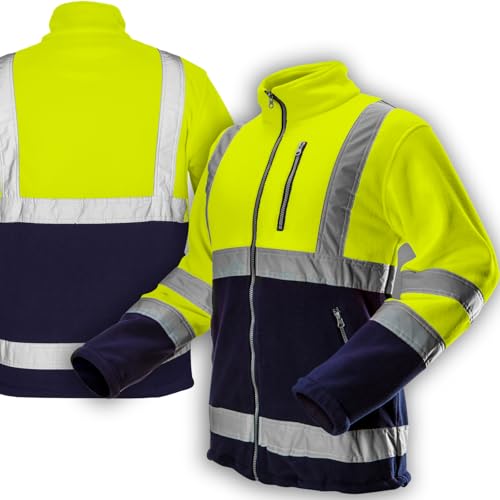 NEO TOOLS Herren Warnschutz-Arbeitsjacke, Stehkragen, langarm, Obermaterial Fleece 280 g/m2 aus 100% Polyester, mit reflektierenden Streifen, Größe:L, gelb