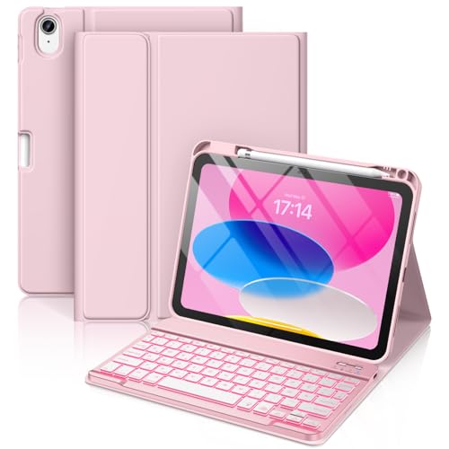 Vobafe Hülle mit Tastatur für iPad A16 11/10 Generation (2025/2022, 11/10.9 Zoll)- 7 Farben Beleuchtete Magnetische Abnehmbare Keyboard Schutzhülle mit Stifthalter für iPad 11. /10. Gen, Hellrosa