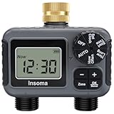 Insoma 2-Zone Hose Timer - Brass Inlet Dual Outlet Sprinkler Timer with Rain Delay/Manual/Auto Modes, 2-Outlet Water Timers for Garden/Greenhouse/Flower Irrigation, Durable Faucet Timers for Lawn Care