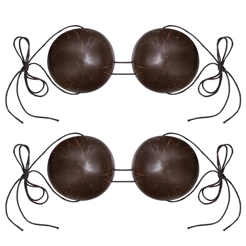 2 Pairs Coconut Bra with Adjustable Strap- 4.7 x 1.8 Natural Coconuts Shell Bikini Top- Hawaiian Coconut Shell Bra Top for Women Costume Party Supplies