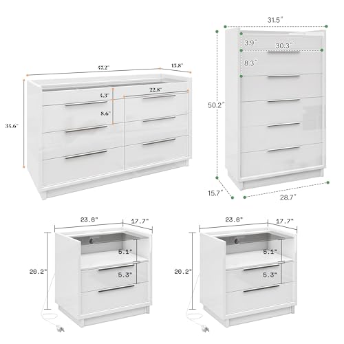 Image of AMERLIFE 4 Piece Bedroom Furniture Set, 2 Nightstands with Charging Station, 8 Drawer Dresser with LED Light & 5 Drawer Chest, Modern High Gloss UV Finish, Bedroom Storage Organizer, White