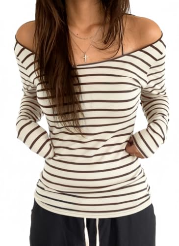 Image of Women Off Shoulder Striped Long Sleeve Top 2026 Fall Going Out Tee Shirts