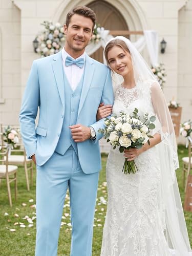 Image of WEEN CHARM Men's 3-Piece Slim Fit Suit Set-2-Button Blazer,Vest & Pants-Formal Wedding,Prom,Party & Business Tuxedo